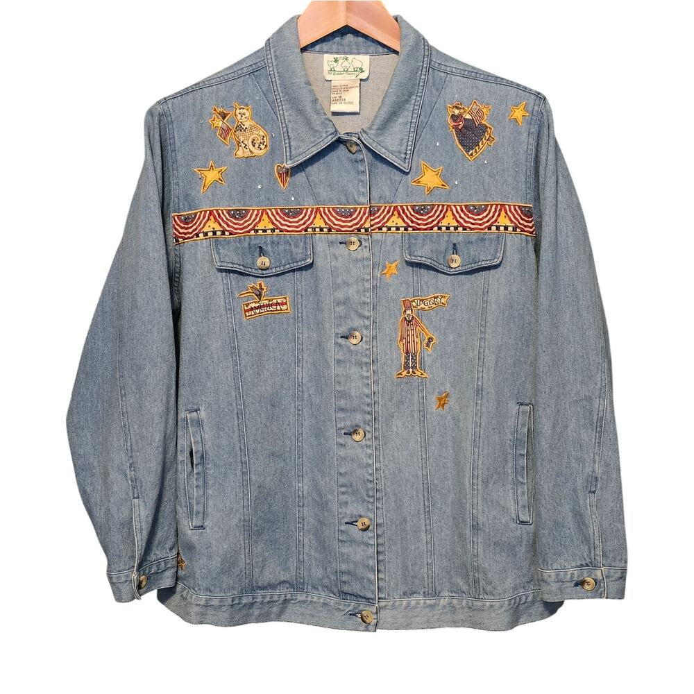 Quacker Factory Denim Jacket Womens 1X Light Blue Americana Flags Cats Angels
